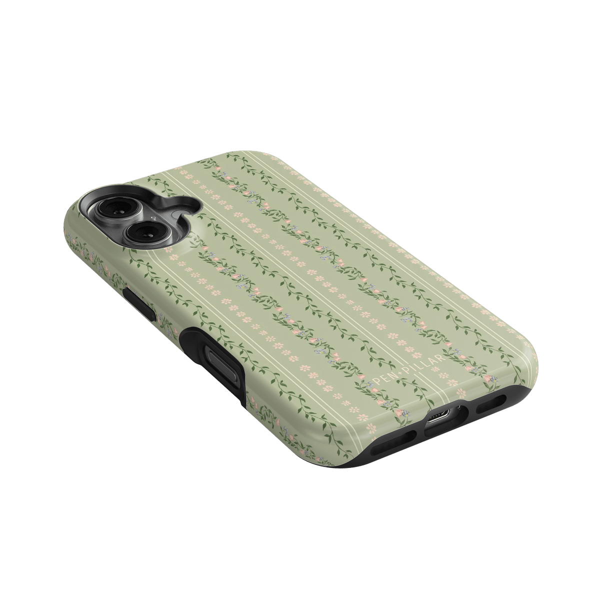 Camellia iPhone case featuring a floral pattern on a light green background, angled to show side and button details.