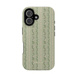 Camellia iPhone case featuring a green floral design with stripes and small flowers on a textured background.