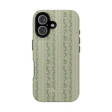 Camellia iPhone case featuring a green floral design with stripes and small flowers on a textured background.