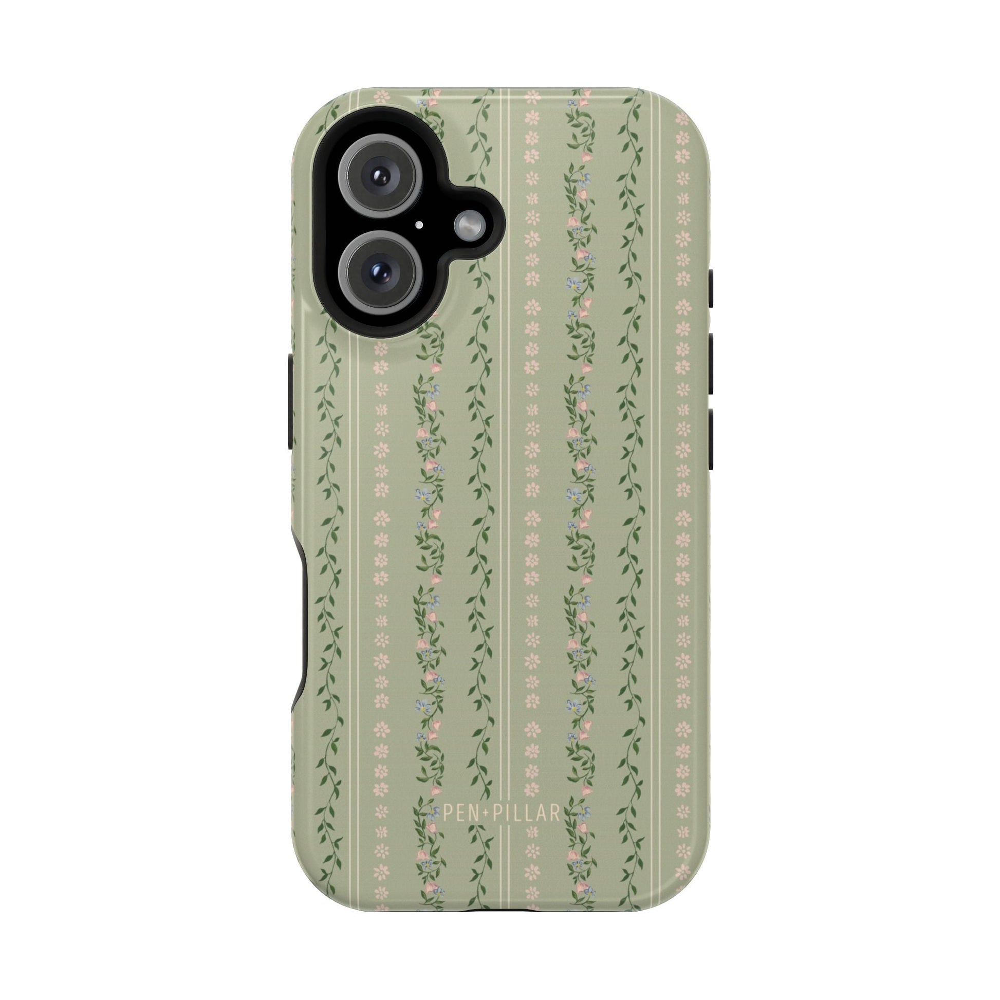 Camellia iPhone case featuring a green floral design with stripes and small flowers on a textured background.