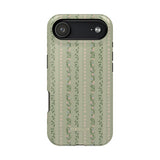 Camellia iPhone case featuring a floral pattern with green background and pink flowers, designed for protection and style.