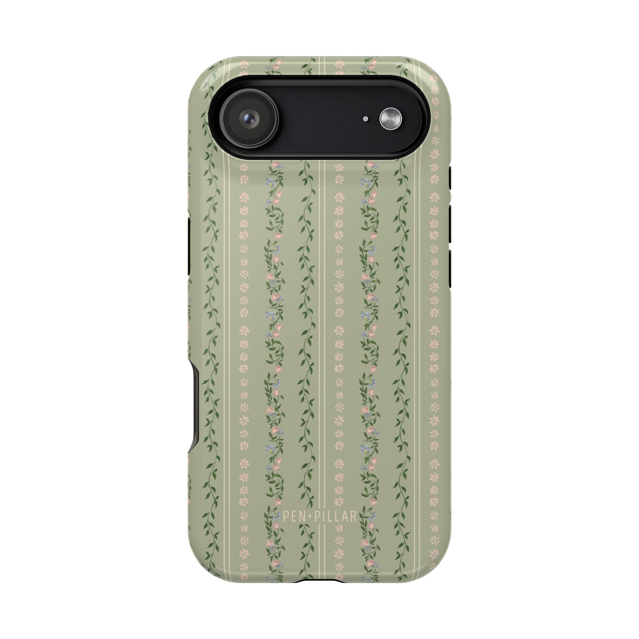 Camellia iPhone case featuring a floral pattern with green background and pink flowers, designed for protection and style.