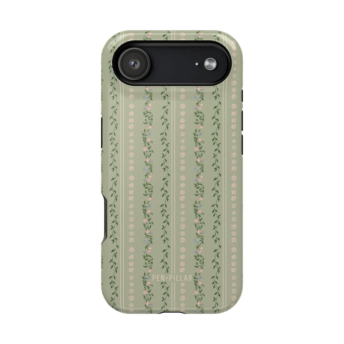 Camellia iPhone case featuring a floral pattern with green background and pink flowers, designed for protection and style.