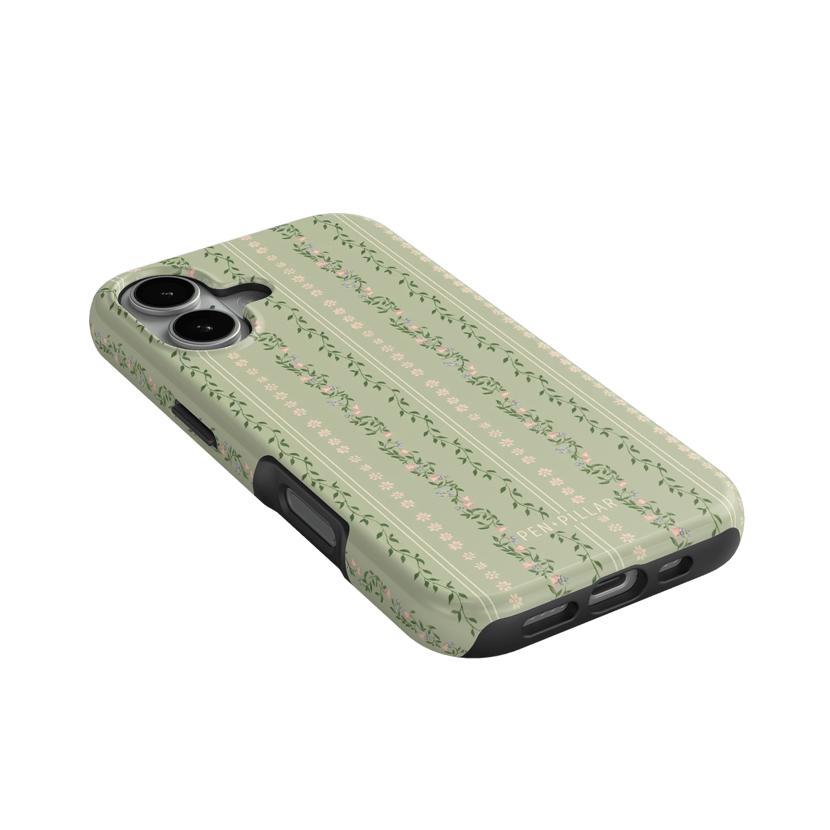 Camellia iPhone case featuring a floral pattern on a light green background, angled to show side and ports.