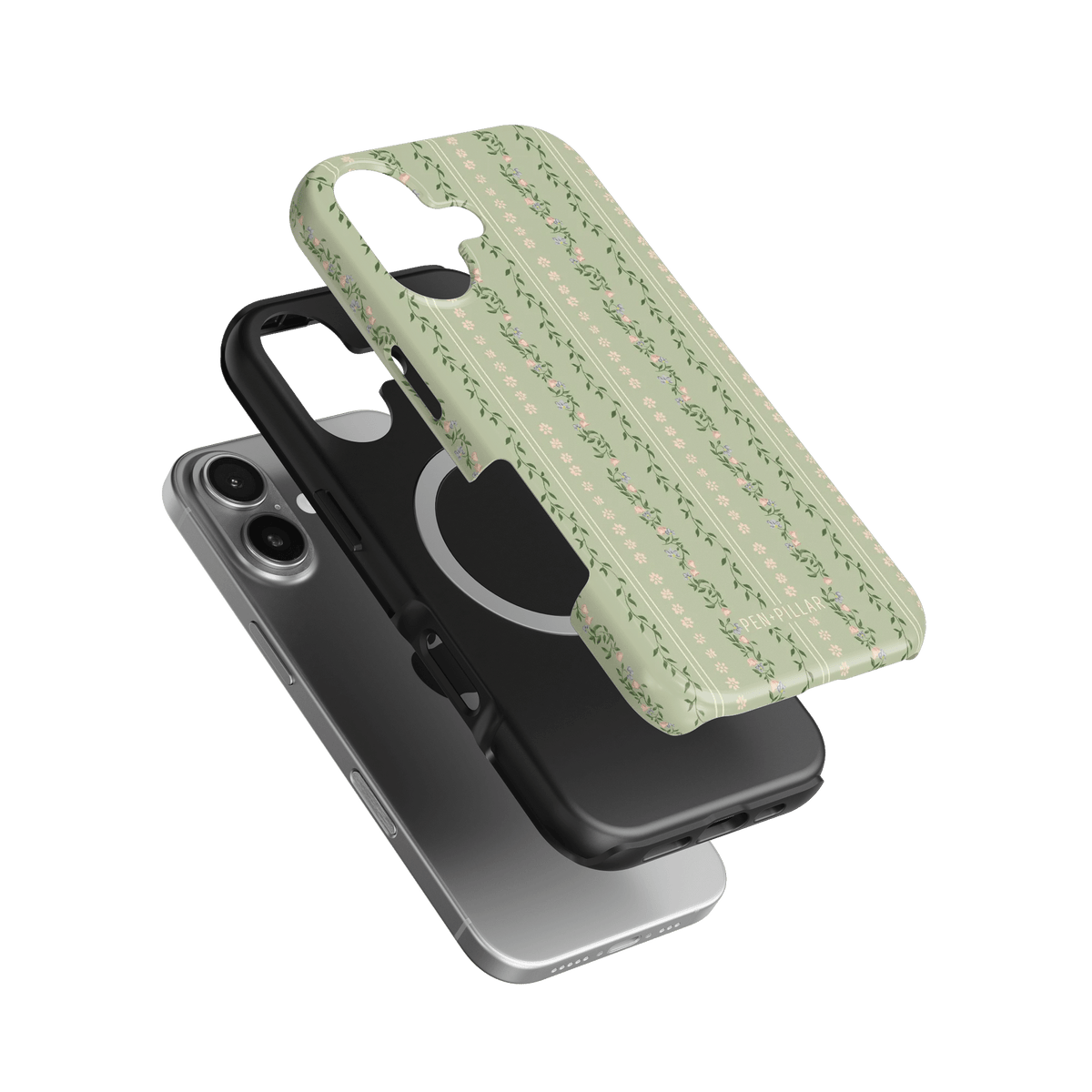 Camellia iPhone case featuring a floral design in green and pink, layered over a black and silver phone.