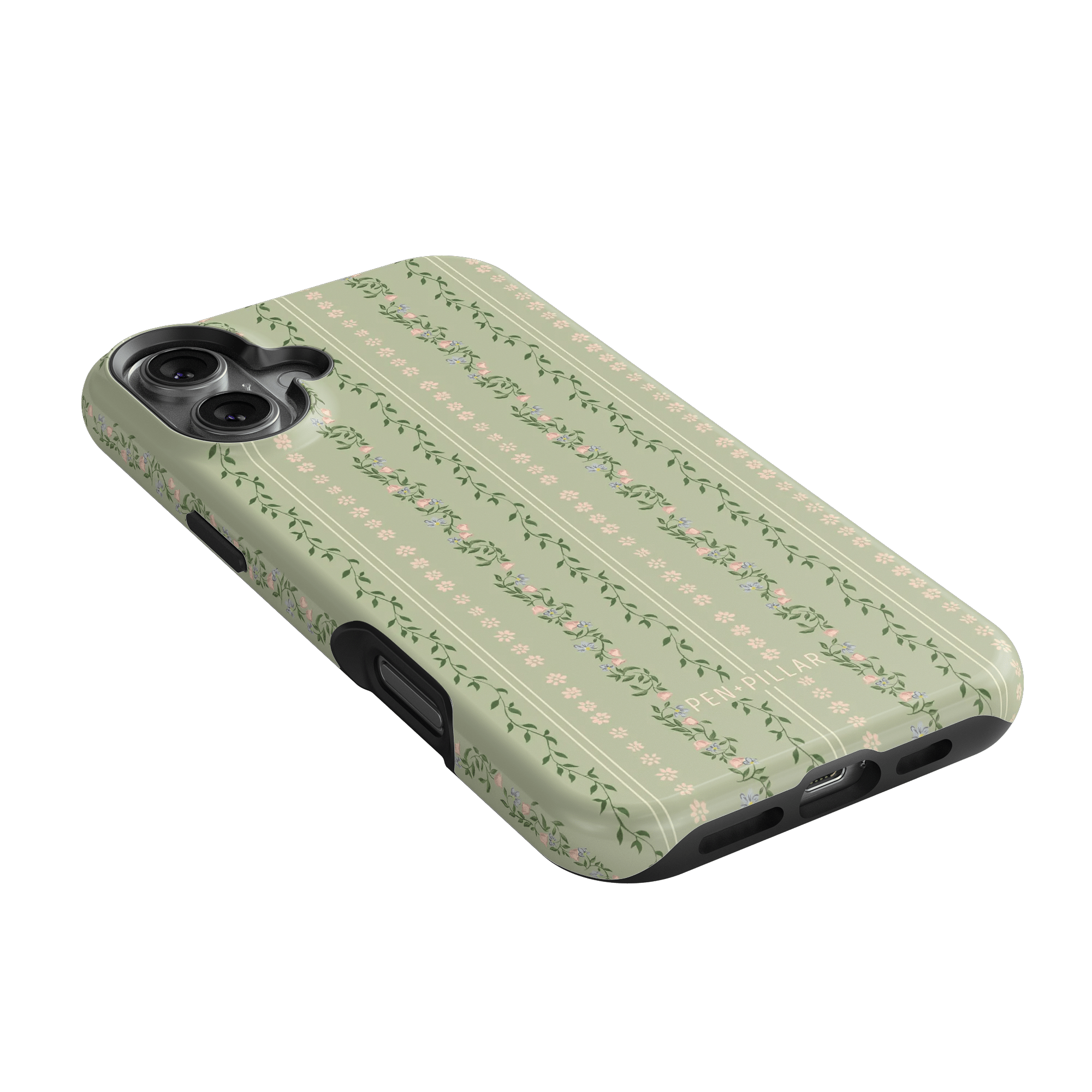 Camellia iPhone case featuring a floral pattern on a light green background with a slim profile and cutouts for buttons.