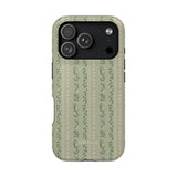 Camellia iPhone case featuring a green background with floral patterns and stripes, designed for iPhone models.