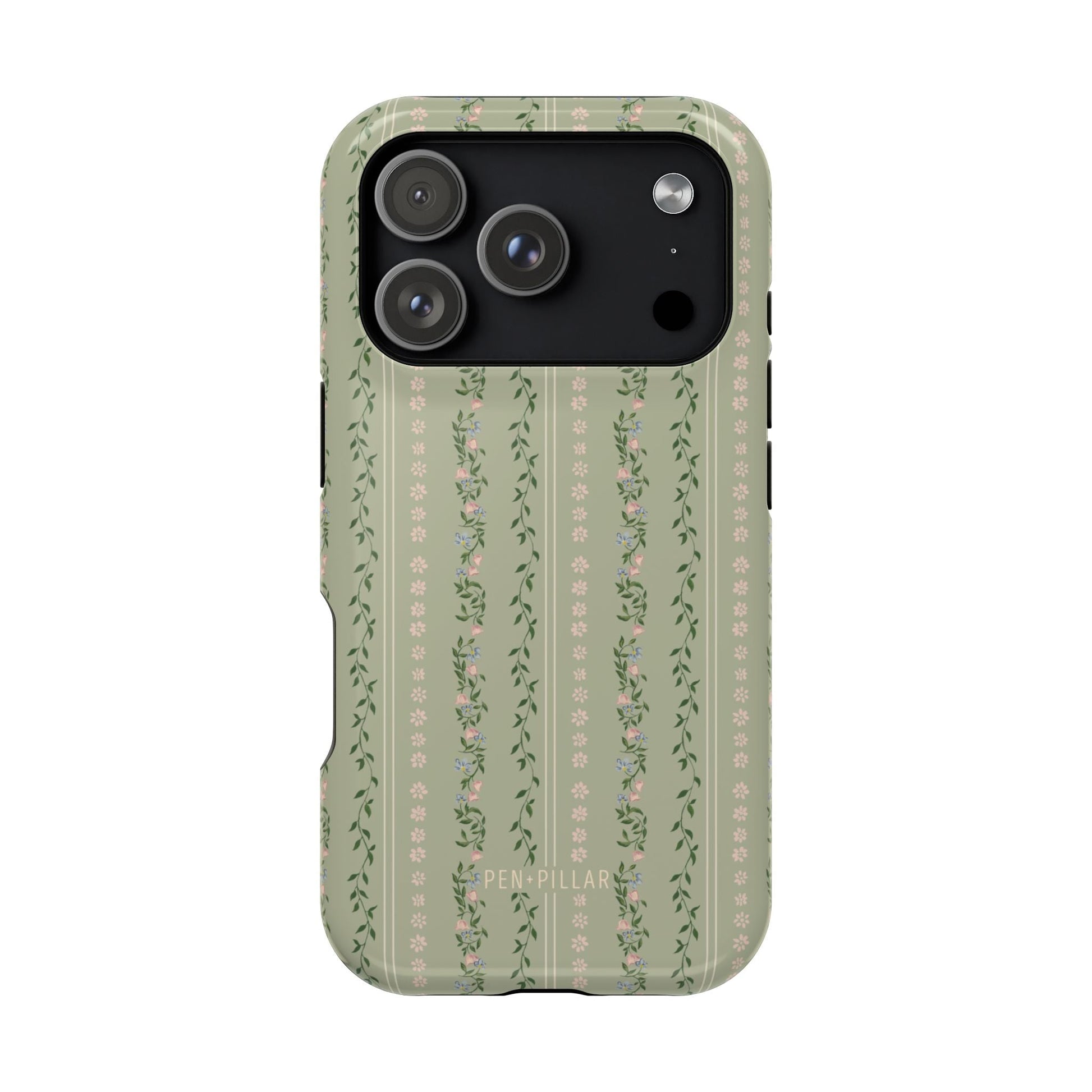 Camellia iPhone case featuring a green background with floral patterns and stripes, designed for iPhone models.