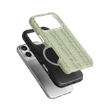 Camellia iPhone case featuring a floral green design, stacked with black and clear cases.
