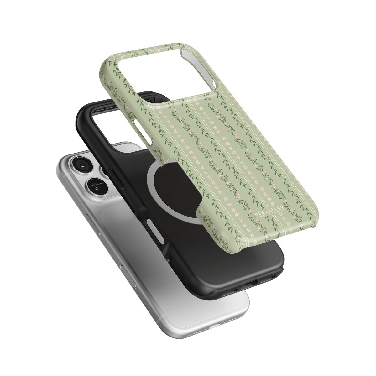 Camellia iPhone case featuring a floral green design, stacked with black and clear cases.
