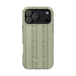 Camellia iPhone case featuring a green floral design with vertical stripes and a black camera cutout.