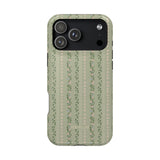 Camellia iPhone case featuring a green floral design with vertical stripes and a black camera cutout.