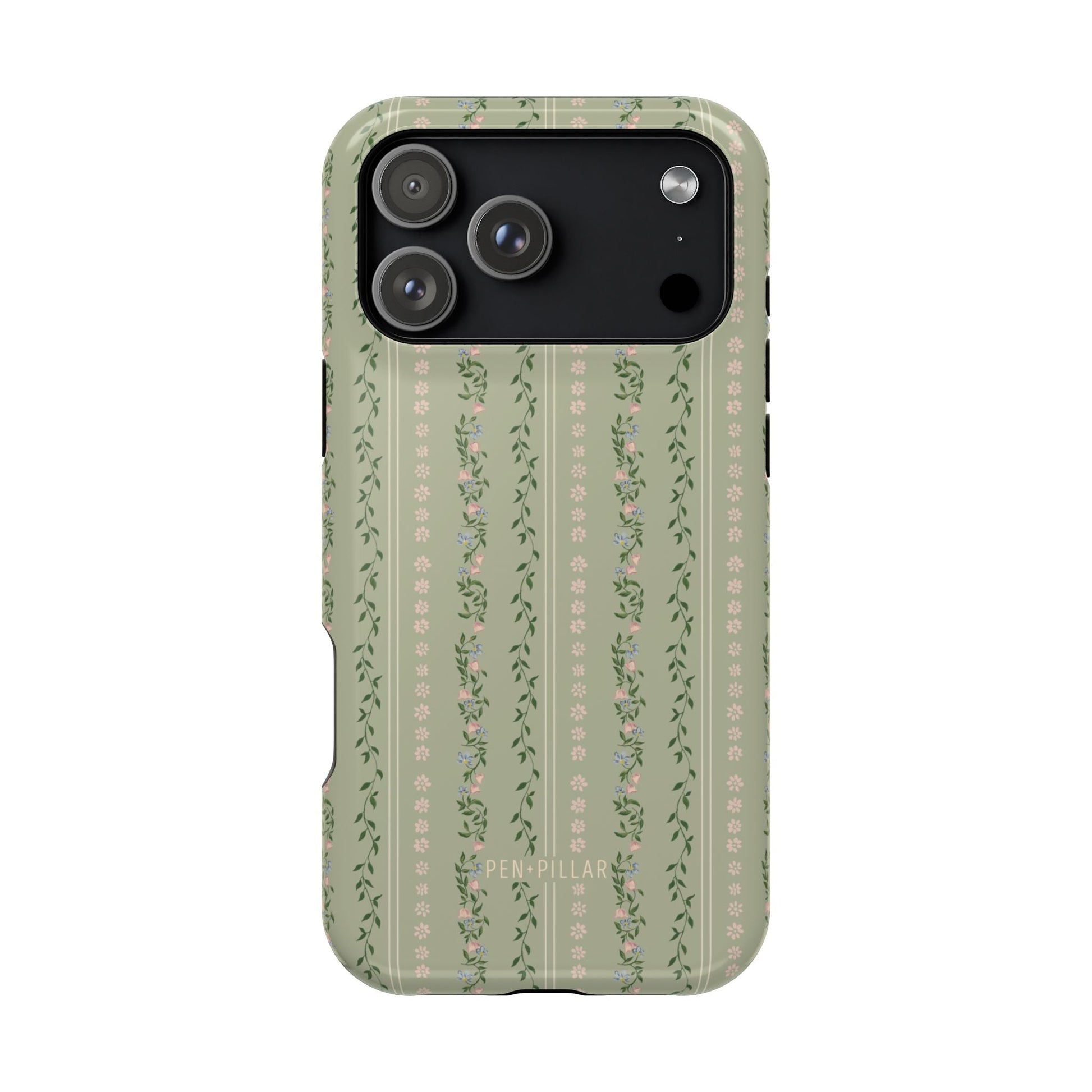 Camellia iPhone case featuring a green floral design with vertical stripes and a black camera cutout.