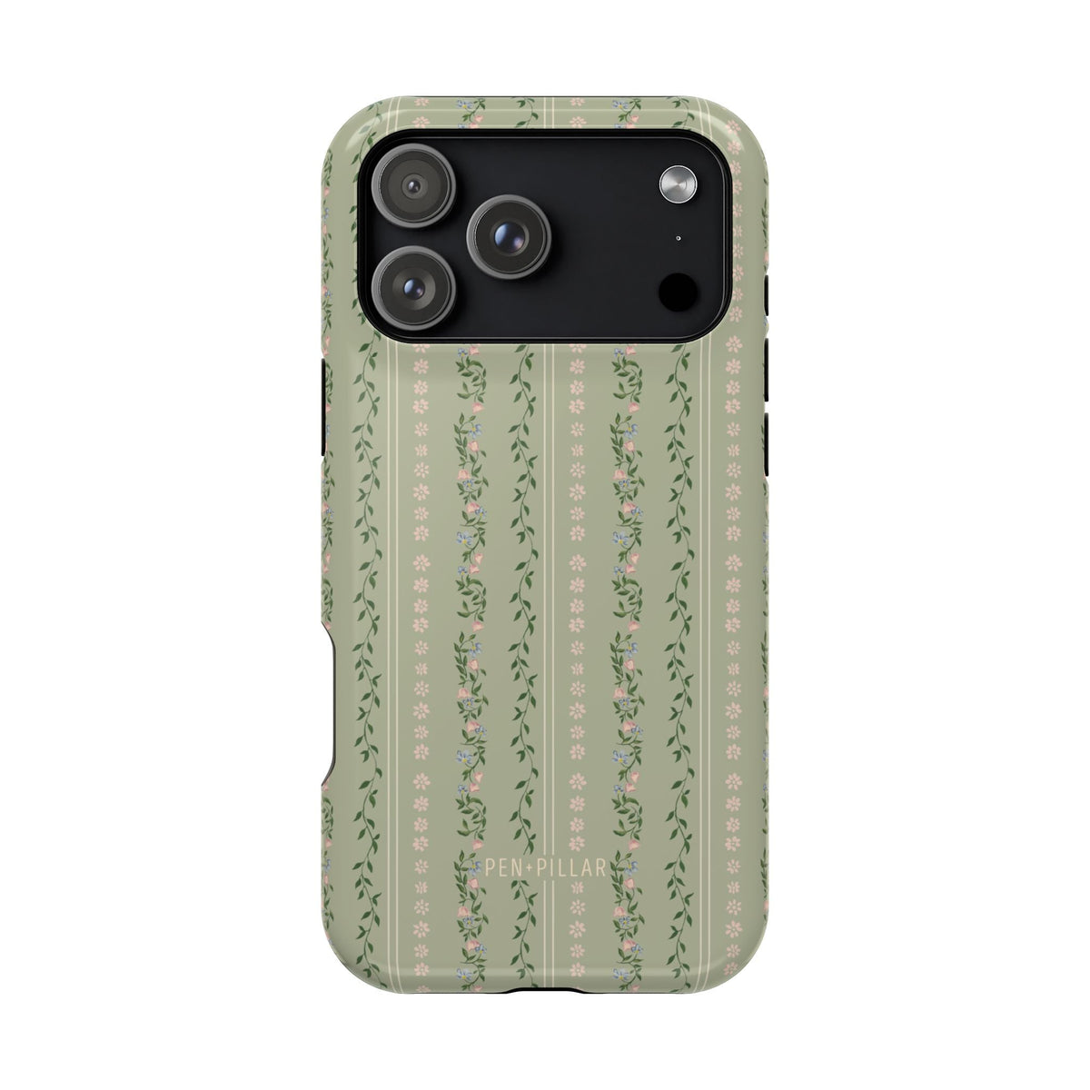 Camellia iPhone case featuring a green floral design with vertical stripes and a black camera cutout.