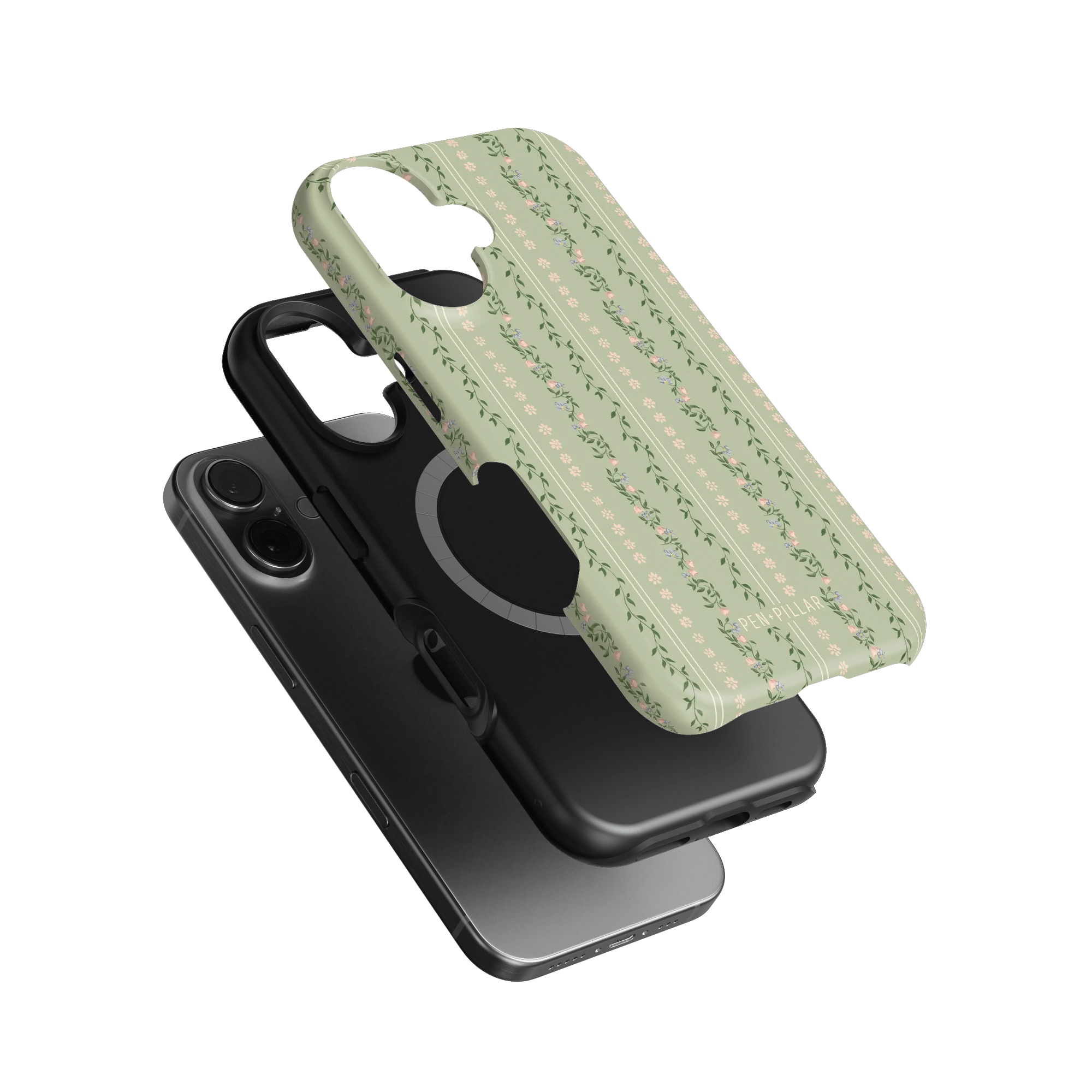 Camellia iPhone case featuring a floral design in green and pink, layered over a black phone case.