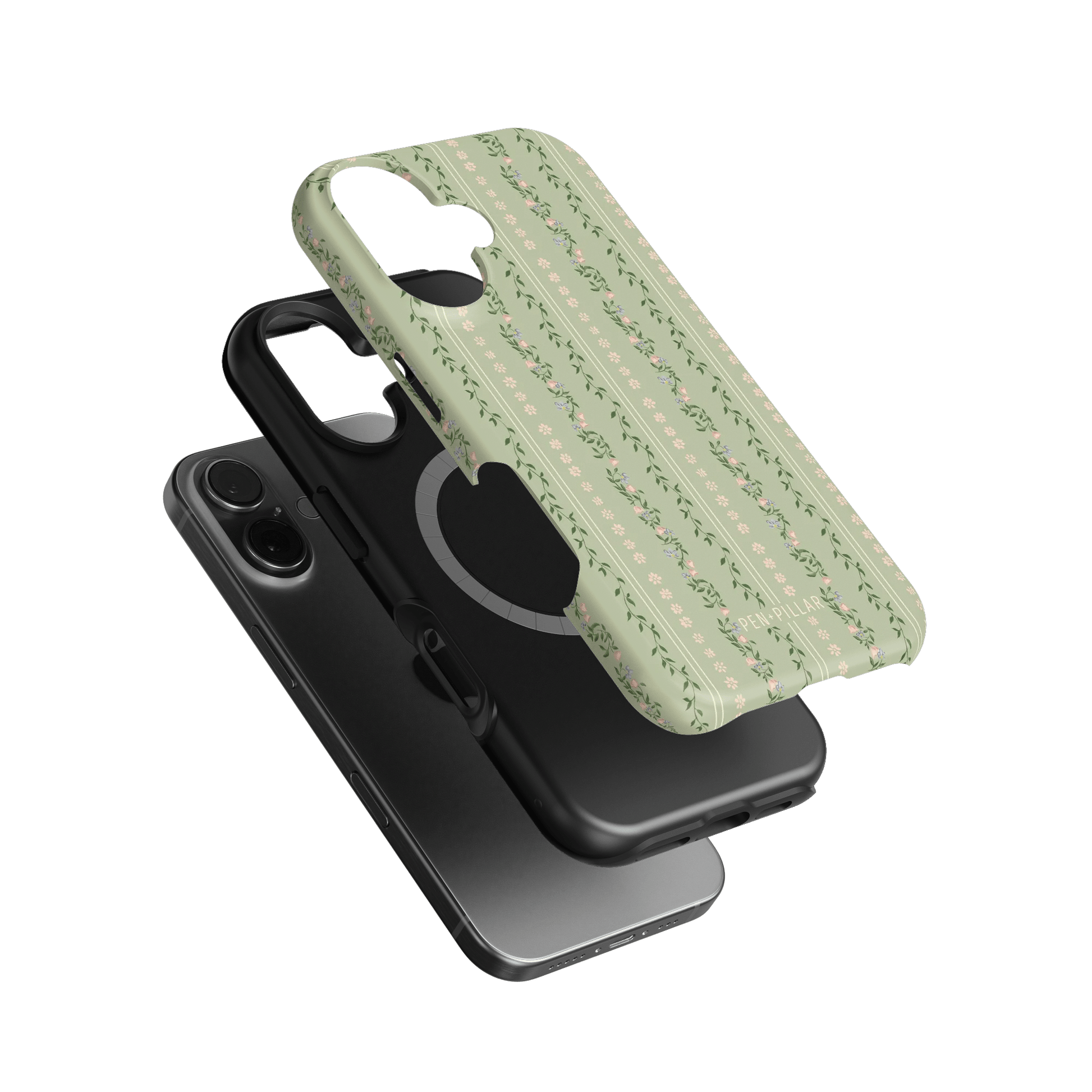 Camellia iPhone case featuring a floral design in green and pink, layered over a black phone case.