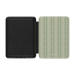 Camellia Kindle case with a black exterior and a green floral interior design featuring vertical stripes.