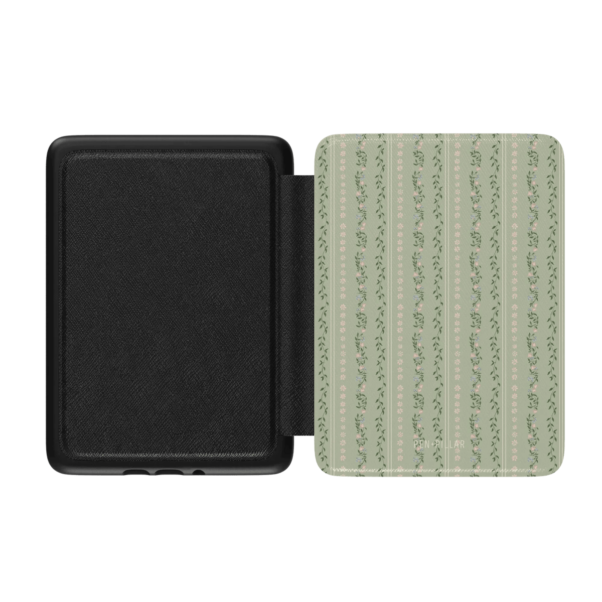 Camellia Kindle case with a black exterior and a green floral interior design featuring vertical stripes.
