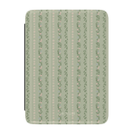 Camellia Kindle case featuring a green floral pattern with vertical stripes and small flowers.