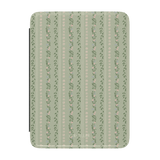 Camellia Kindle case featuring a green floral pattern with vertical stripes and small flowers.