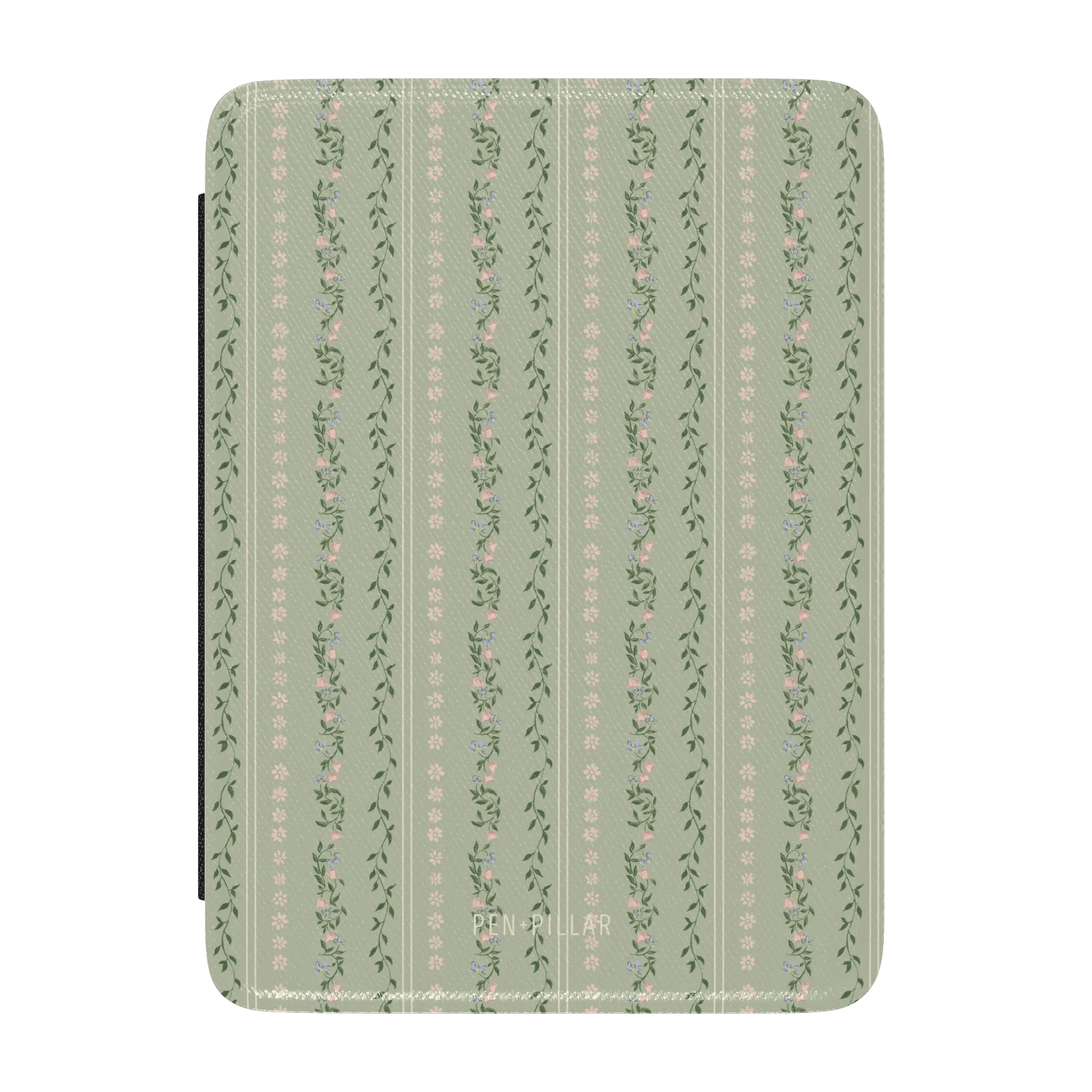 Camellia Kindle case featuring a green floral pattern with vertical stripes and small flowers.