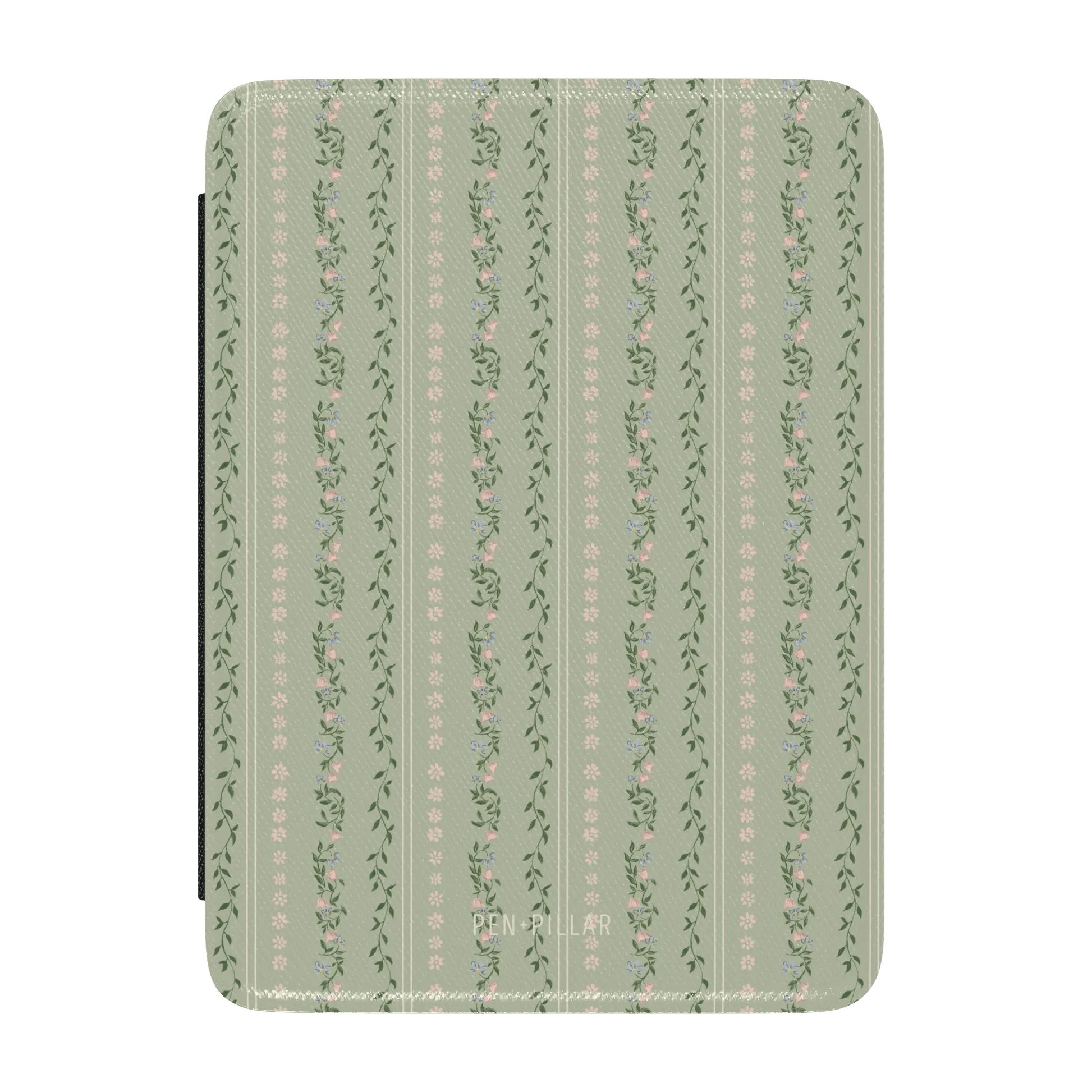 Camellia Kindle case featuring a green floral pattern with vertical stripes and small flowers.