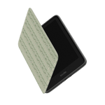 Camellia Kindle case with a green floral pattern, partially open, displaying the Kindle device inside.