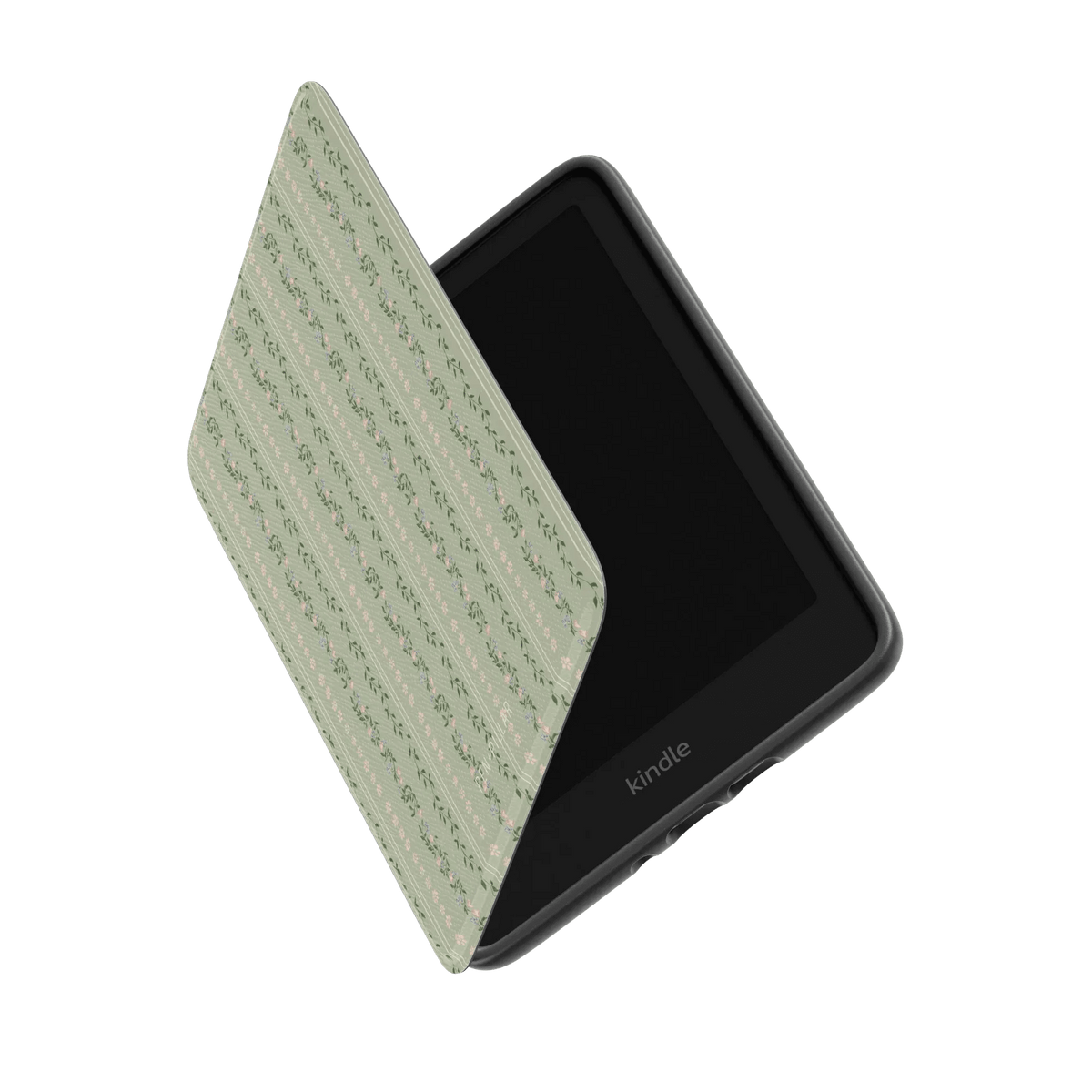 Camellia Kindle case with a green floral pattern, partially open, displaying the Kindle device inside.