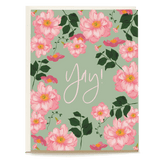 Cecile Congrats Card featuring pink flowers and green background with the text "Yay!" in a playful script.