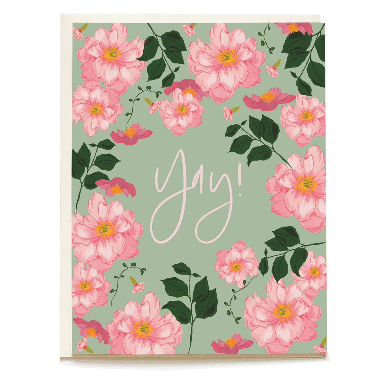 Cecile Congrats Card featuring pink flowers and green background with the text "Yay!" in a playful script.