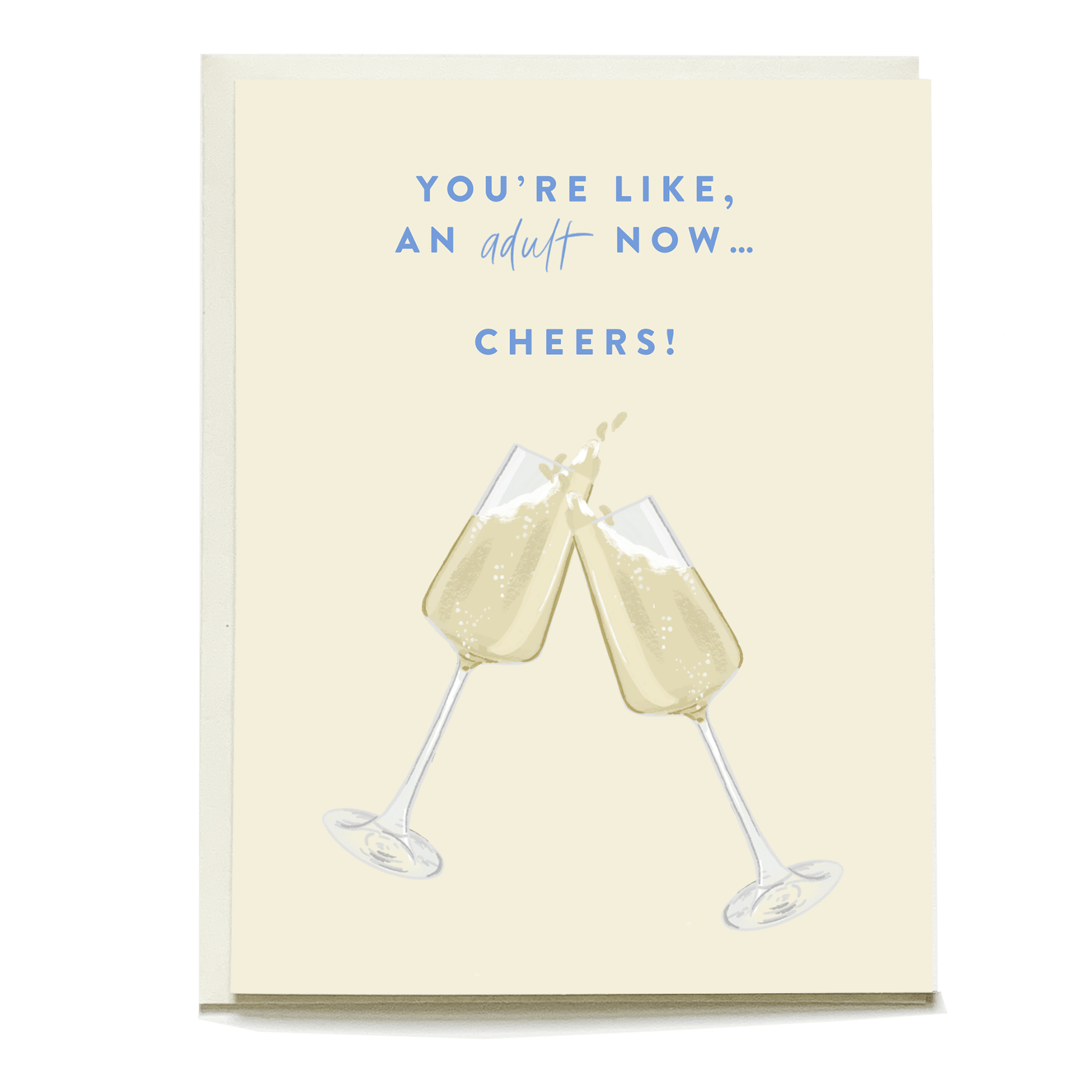 Champagne birthday card featuring two glasses clinking with a light yellow background and blue text saying "Cheers!