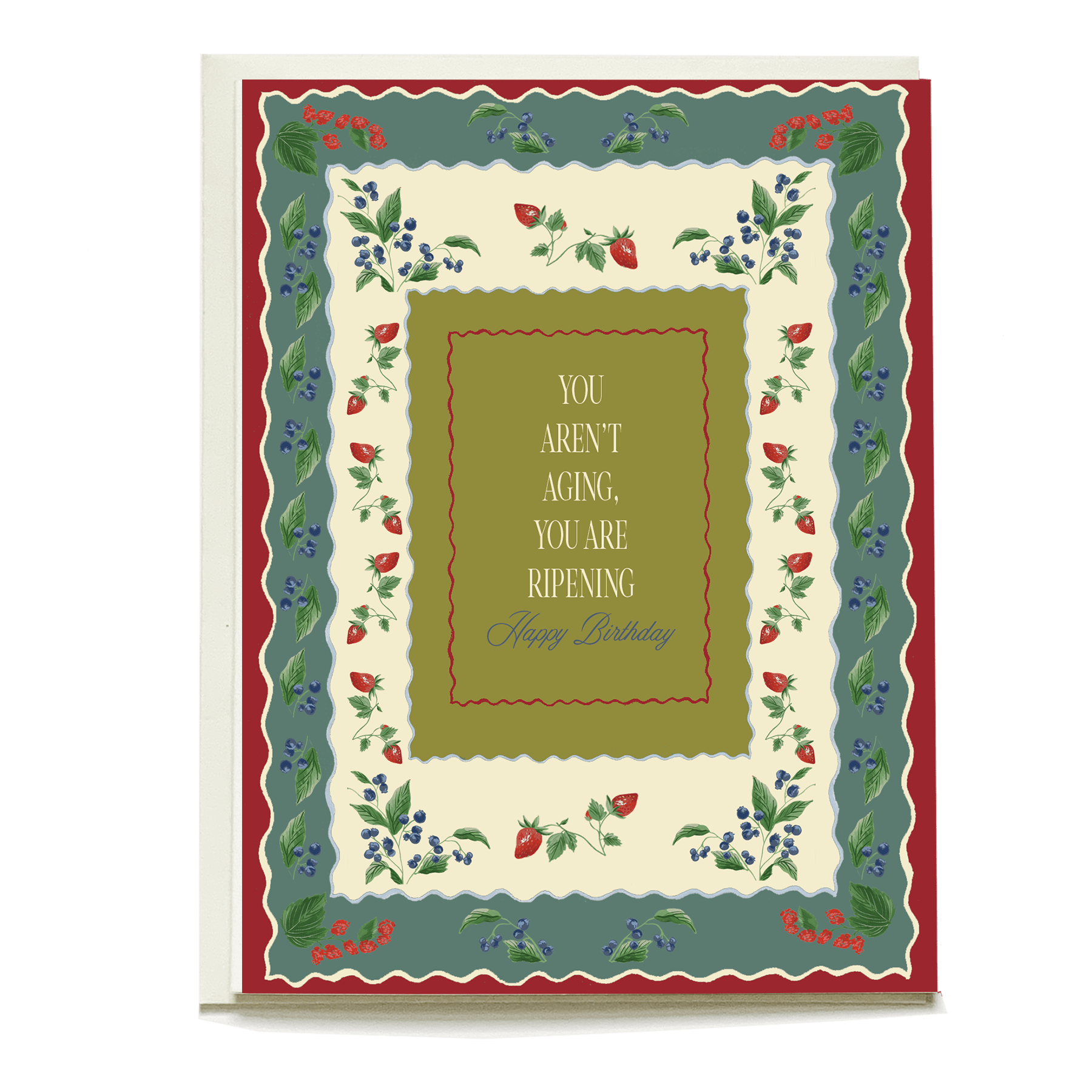 Cherie birthday card featuring floral borders and a central message in gold, stating "You aren't aging, you are ripening.
