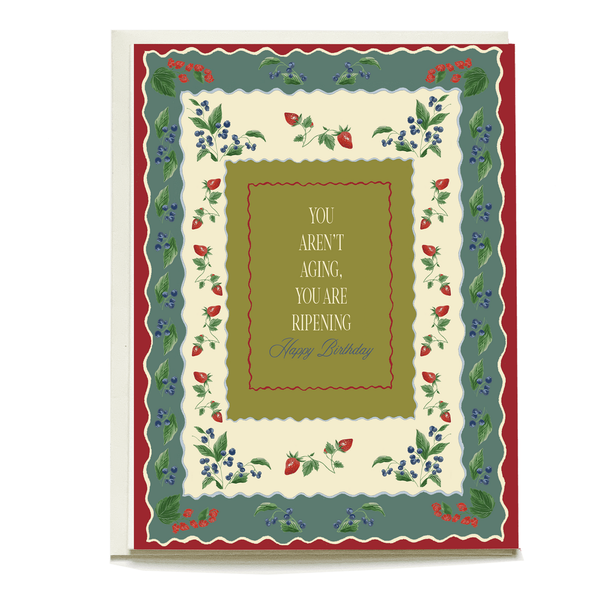 Cherie birthday card featuring floral borders and a central message in gold, stating "You aren't aging, you are ripening.