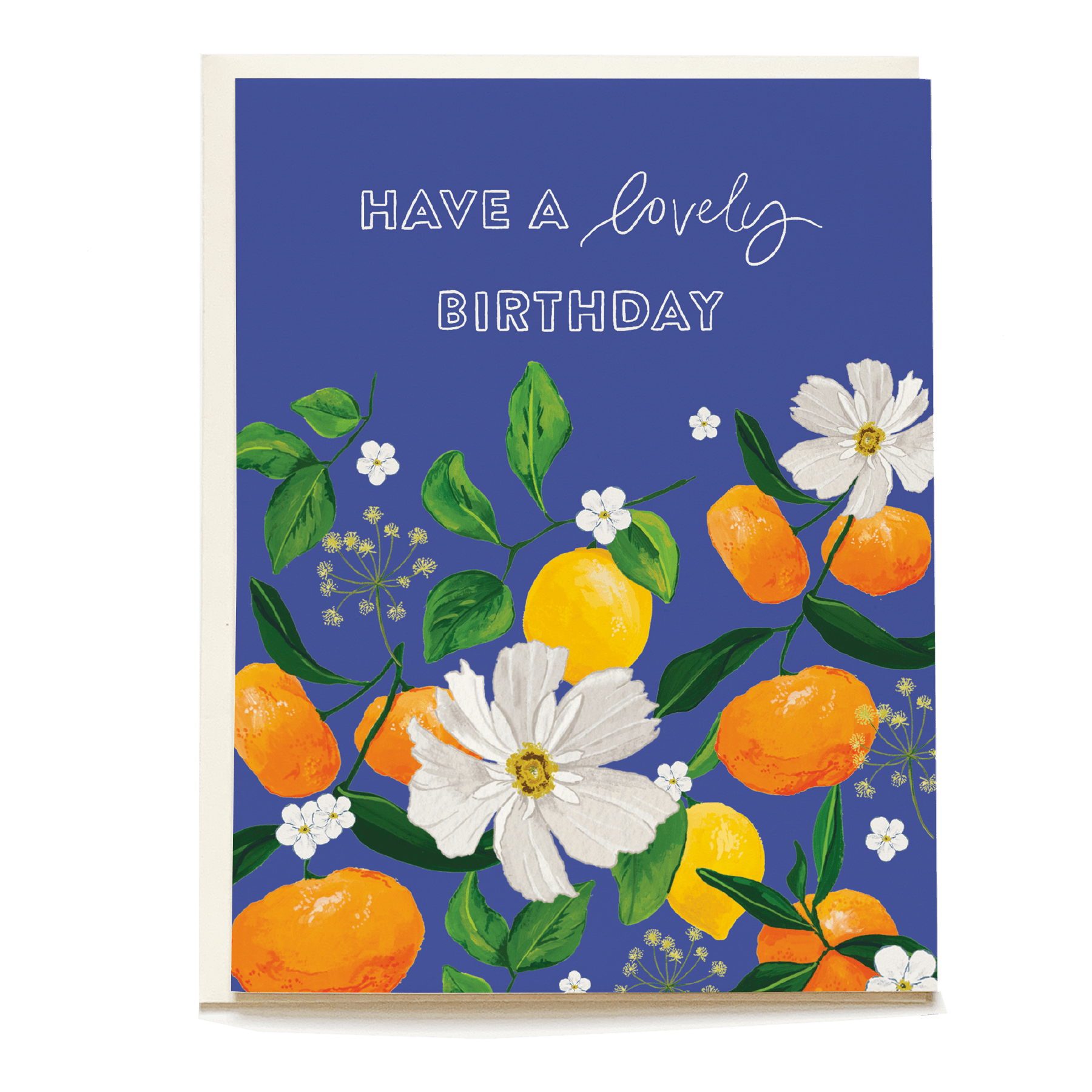 Citrus birthday card featuring oranges, white flowers, and green leaves on a blue background with "Have a lovely birthday"...