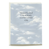 Clouds baby card featuring soft blue and white cloud illustrations with text about parenthood humor.