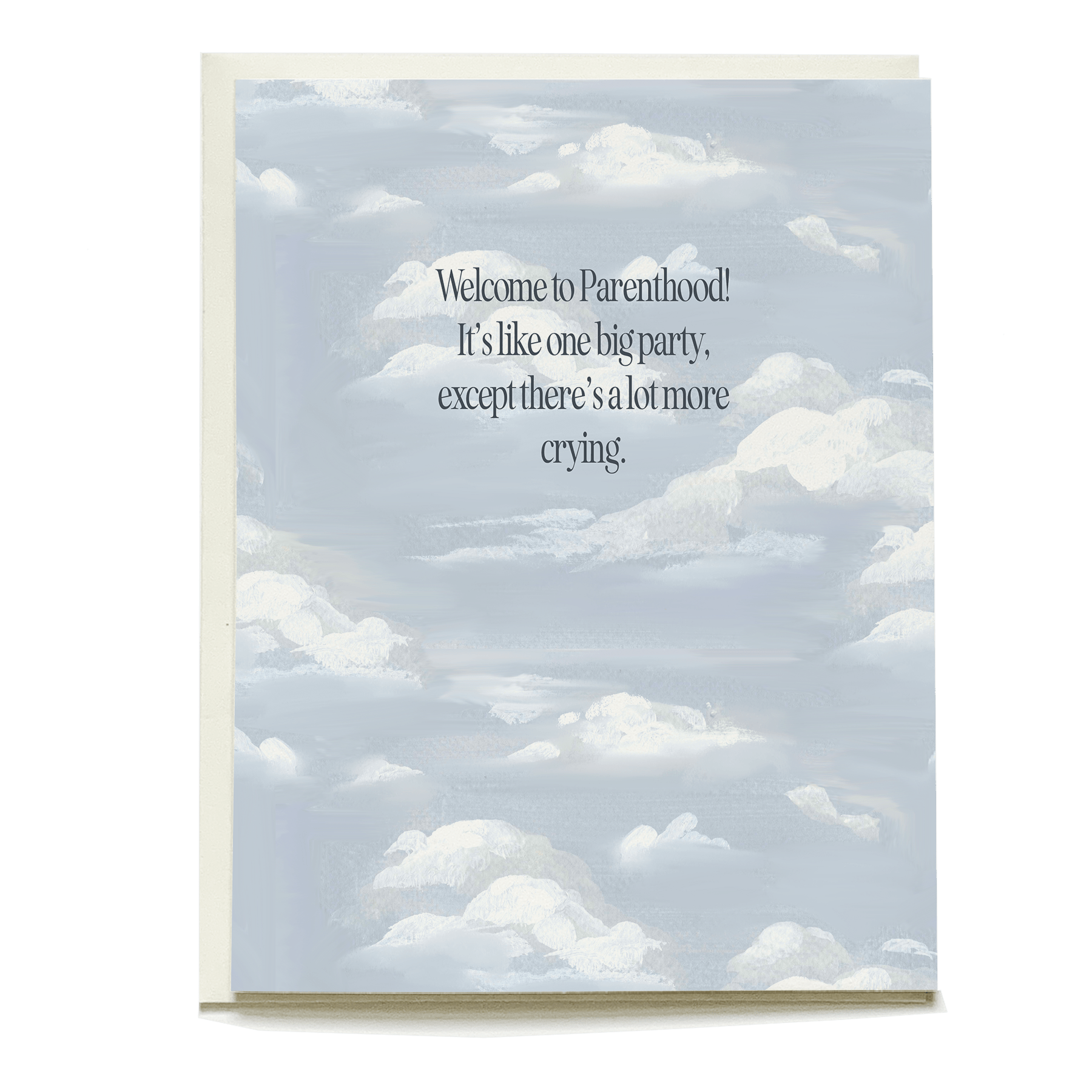 Clouds baby card featuring soft blue and white cloud illustrations with text about parenthood humor.