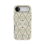 Clover personalized iPhone case featuring a floral pattern in green and blue on a cream background.