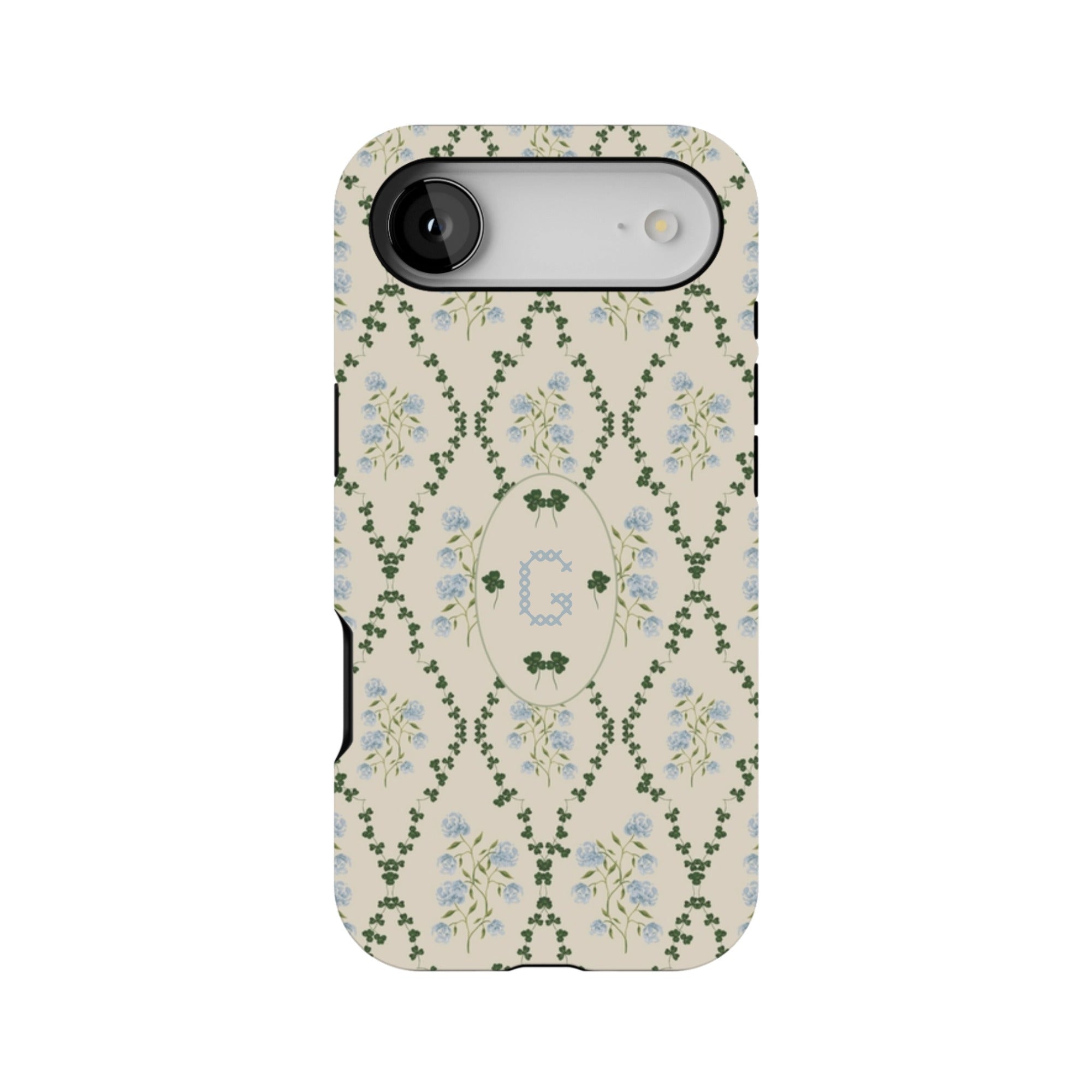 Clover personalized iPhone case featuring a floral pattern in green and blue on a cream background.