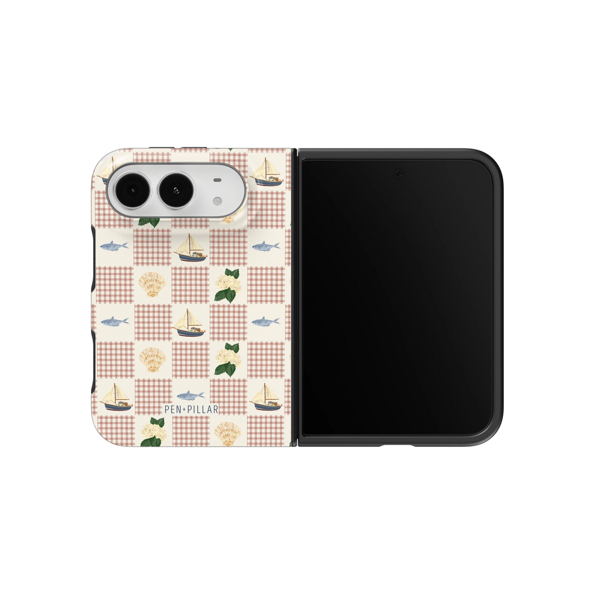 Coastal iPhone 18 Duo case on an unfolded iPhone 18 Duo, back and screen side by side: pink gingham patchwork with sailboats, fish and hydrangeas