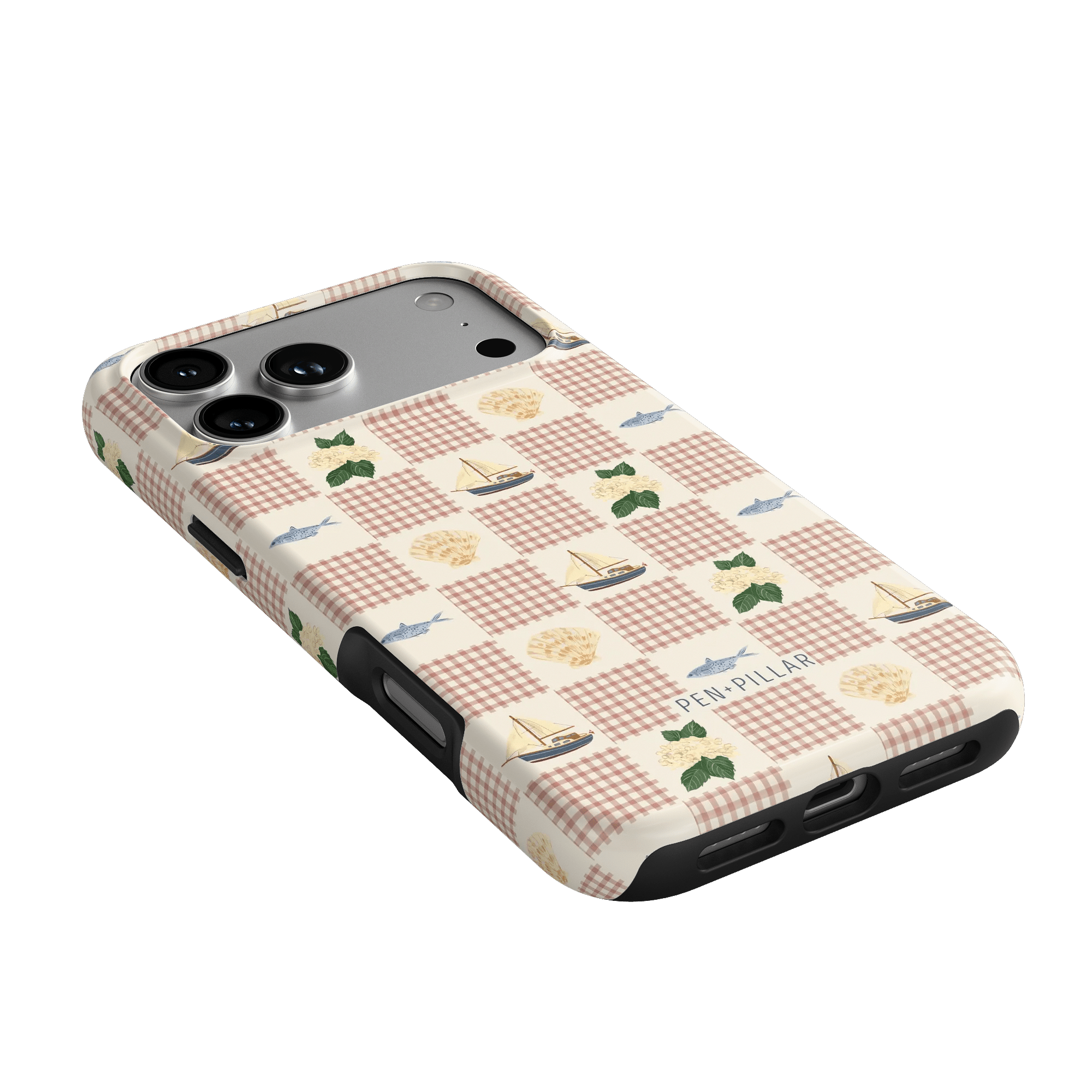Coastal iPhone case featuring a checkered pattern with sailboats, fish, and greenery in soft colors.