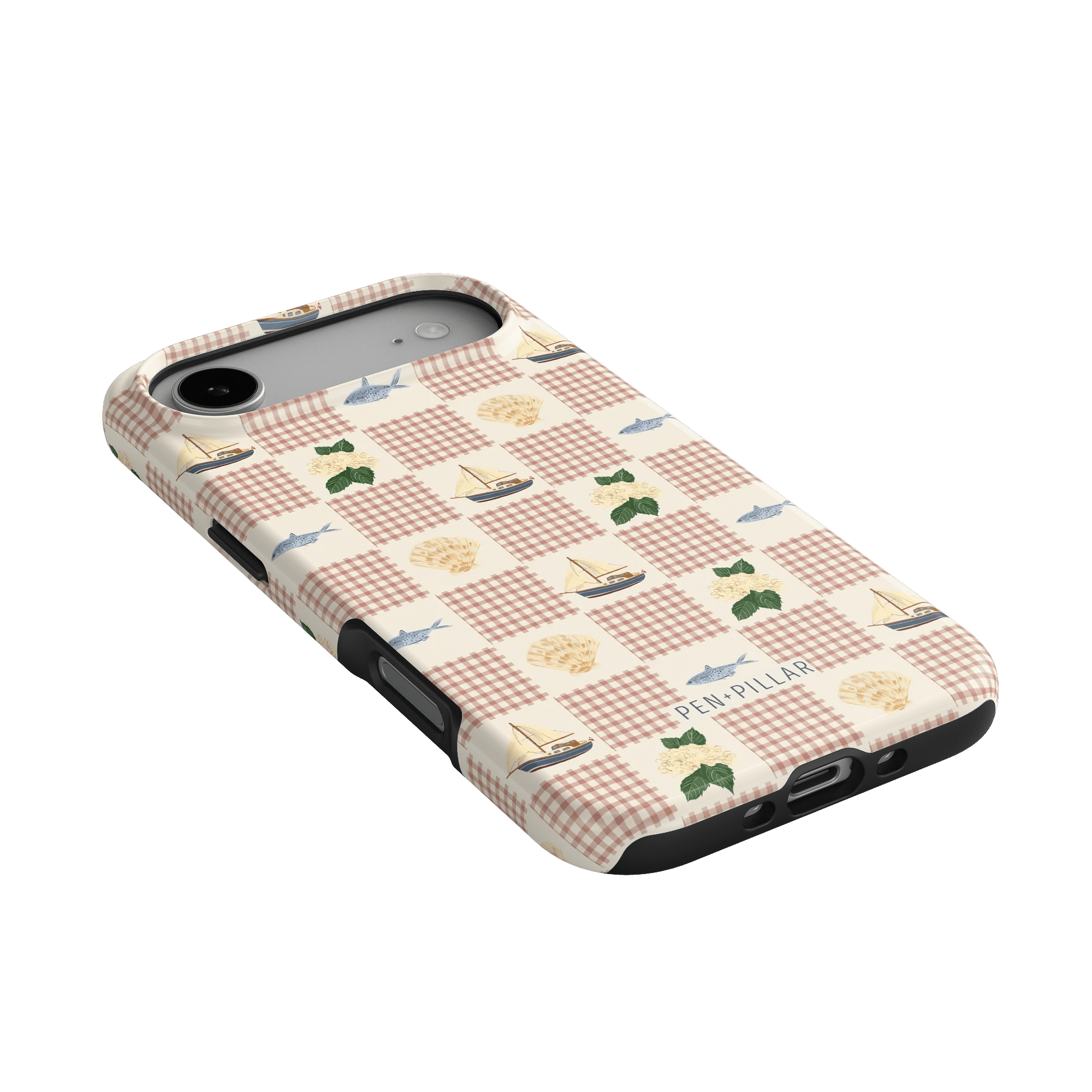 Coastal iPhone case featuring a checkered pattern with sailboats, seashells, and green leaves on a light background.