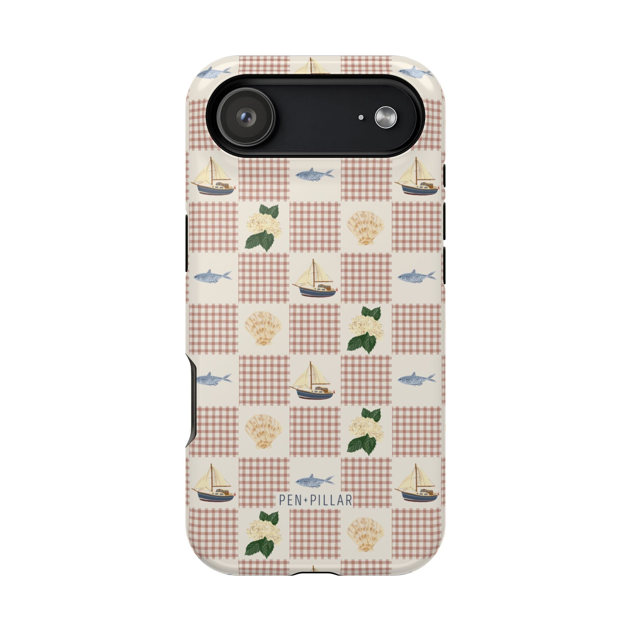 Coastal iPhone case featuring a nautical pattern with boats, fish, and seashells on a cream background.