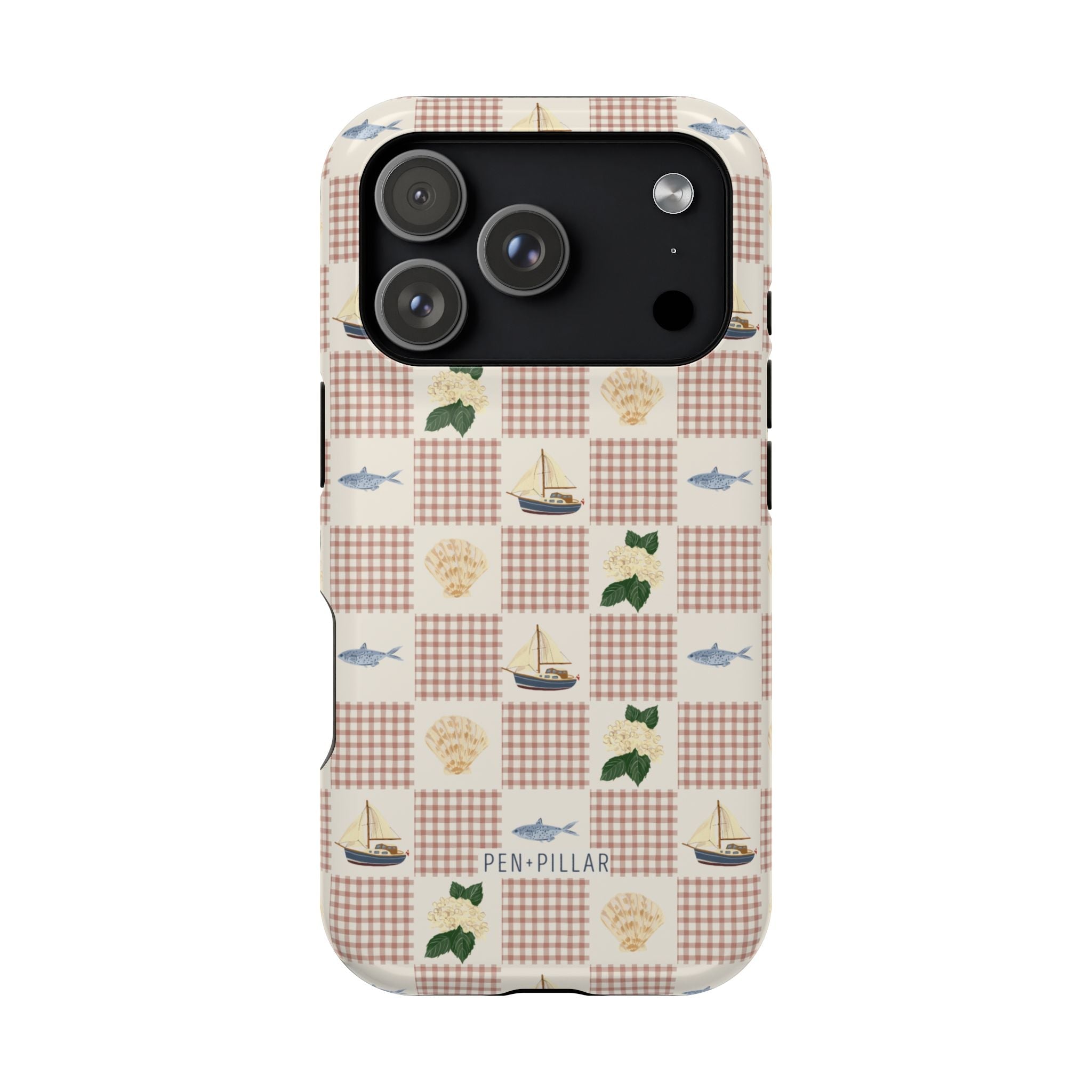 Coastal iPhone case featuring a pattern of sailboats, fish, and seashells on a beige background with checkered accents.