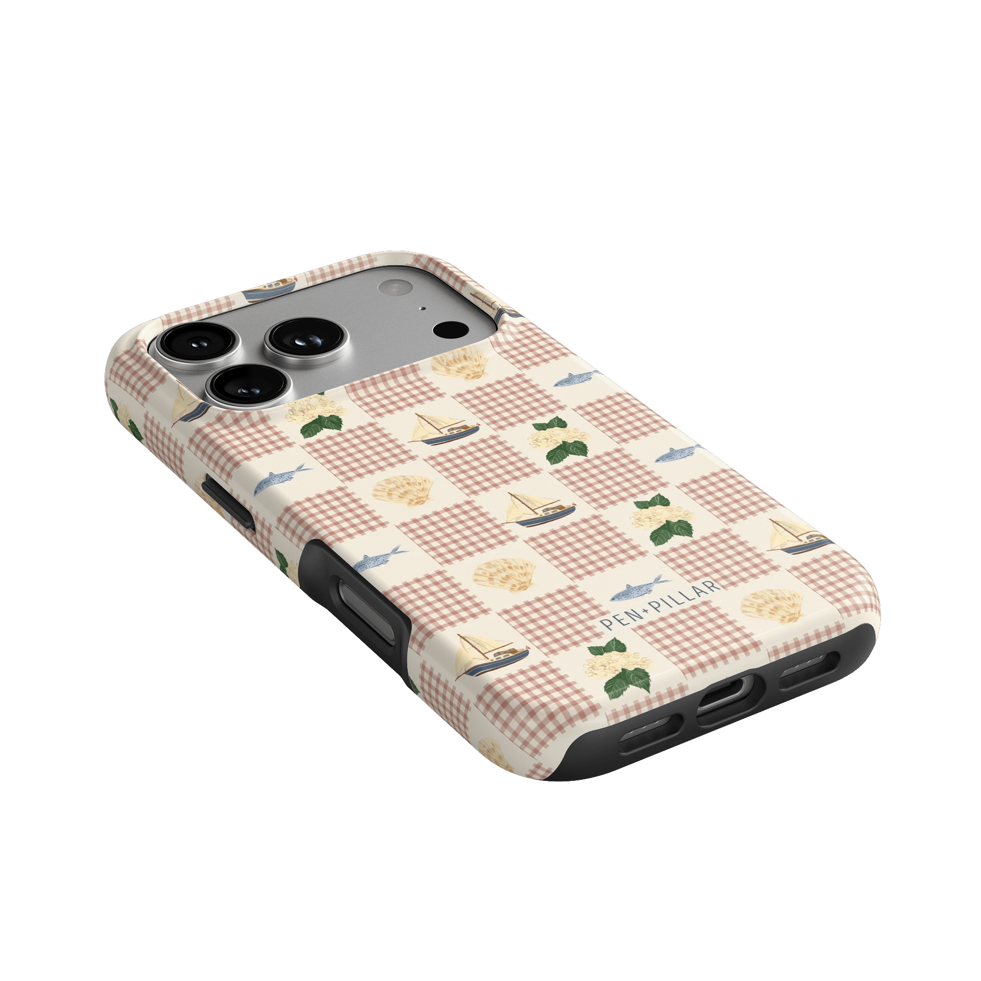 Coastal iPhone case featuring a checkered pattern with sailboats, trees, and seashells in pastel colors.