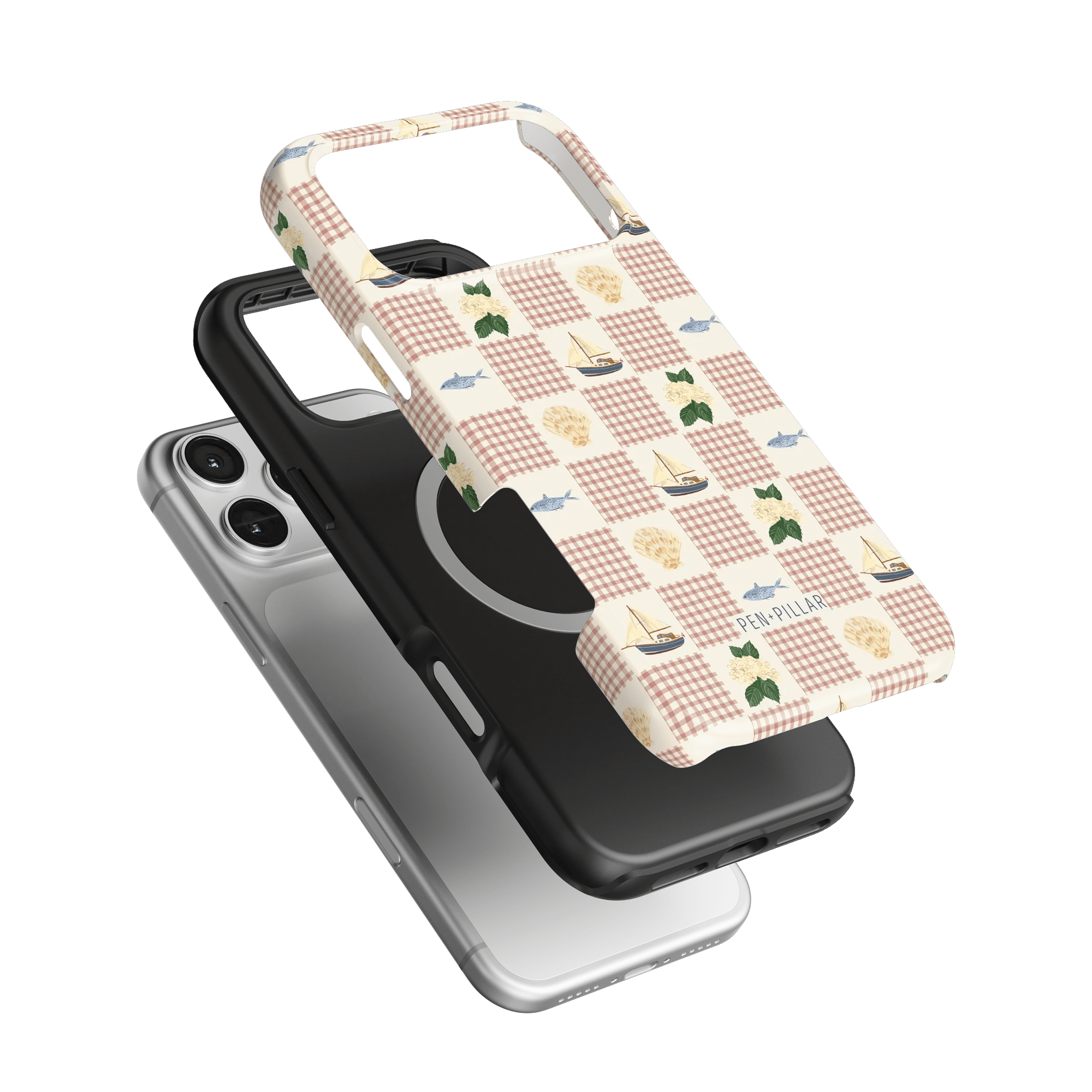 Coastal iPhone case featuring a nautical design with boats and anchors on a checkered background.