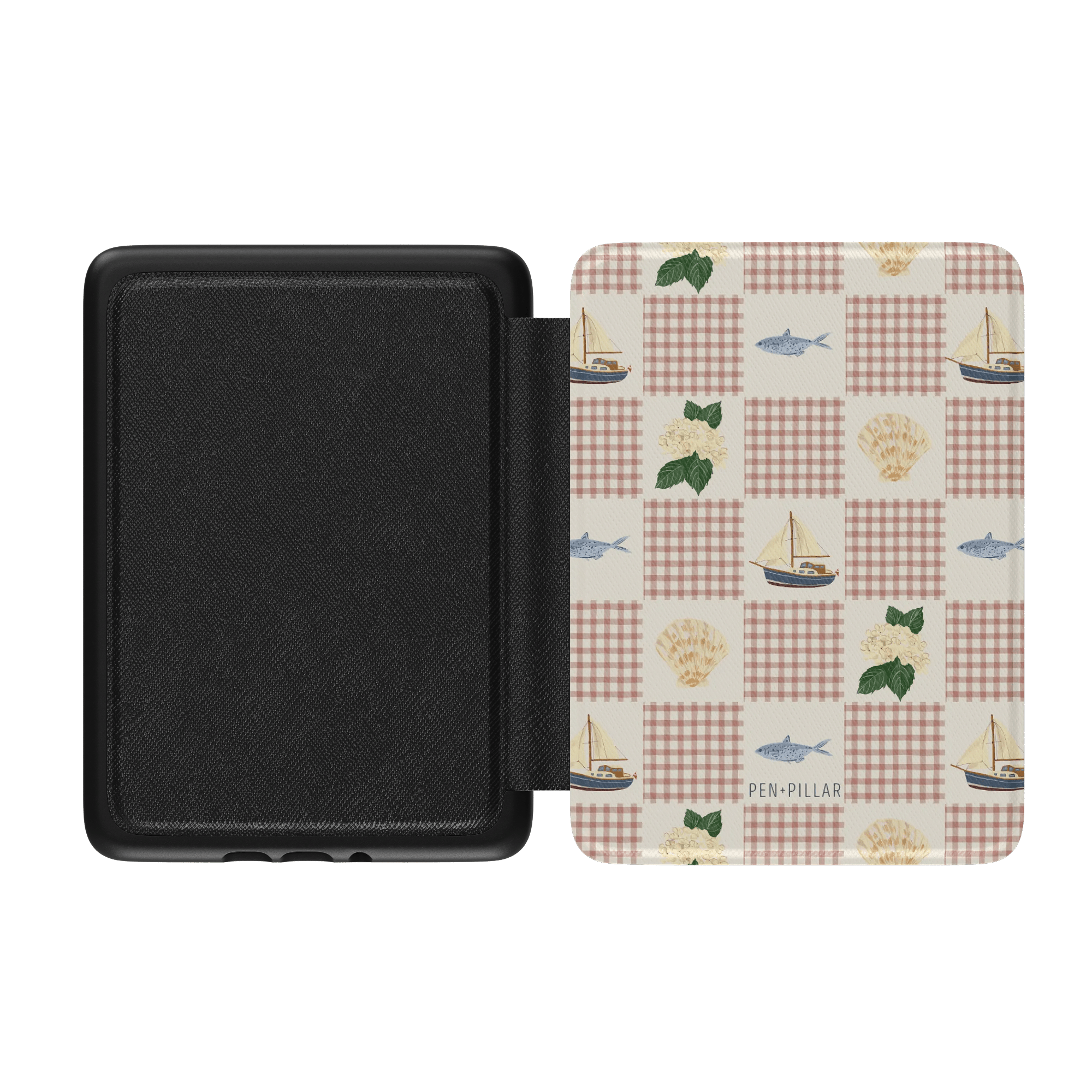 Coastal Kindle case featuring a patterned design with fish, sailboats, and seashells on a light background.