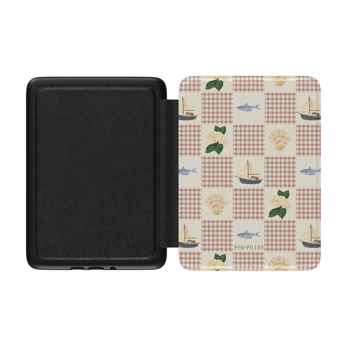 Coastal Kindle case featuring a patterned design with fish, sailboats, and seashells on a light background.