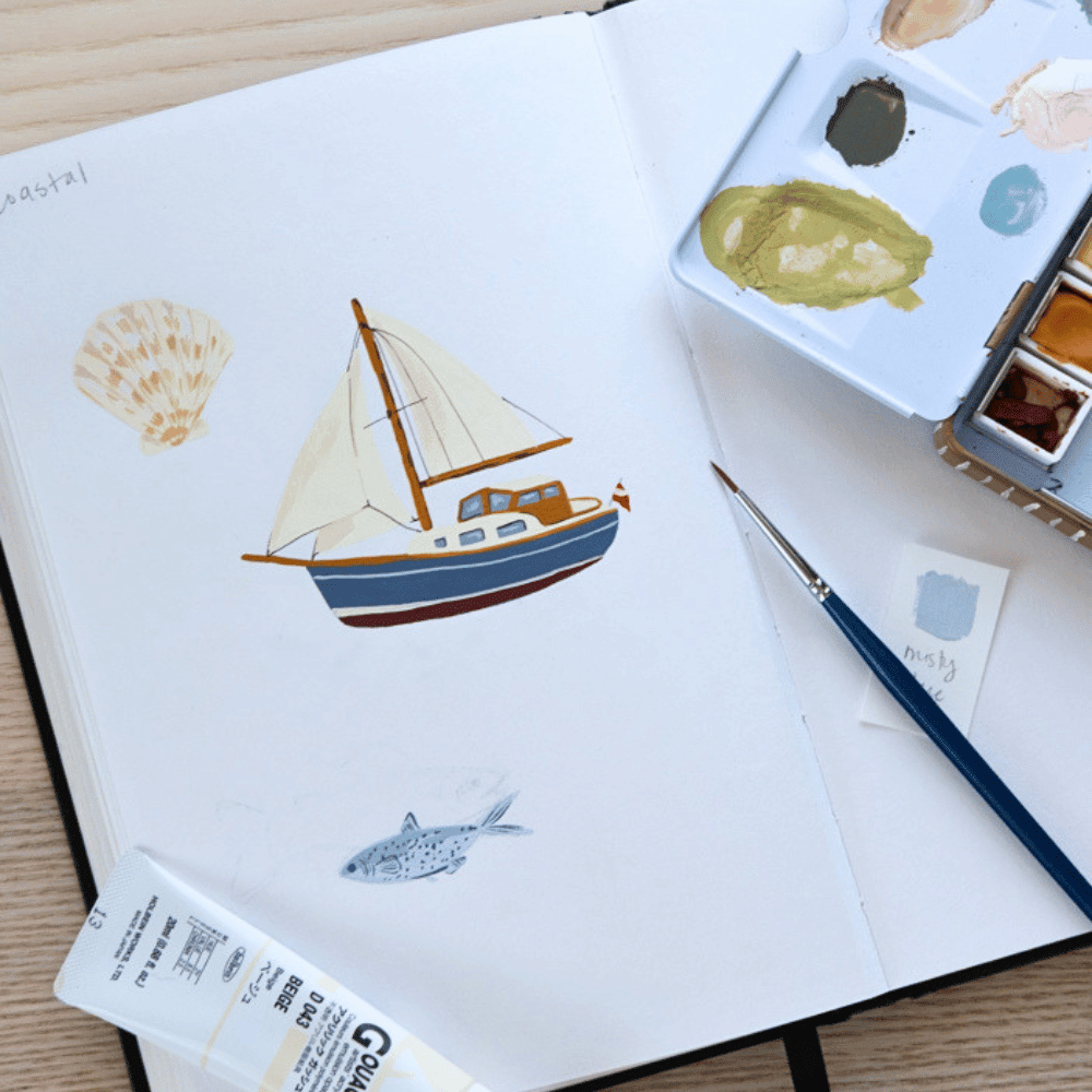 Coastal Kindle Case featuring a painted sailboat, seashell, and fish on a white background with a paintbrush and palette.