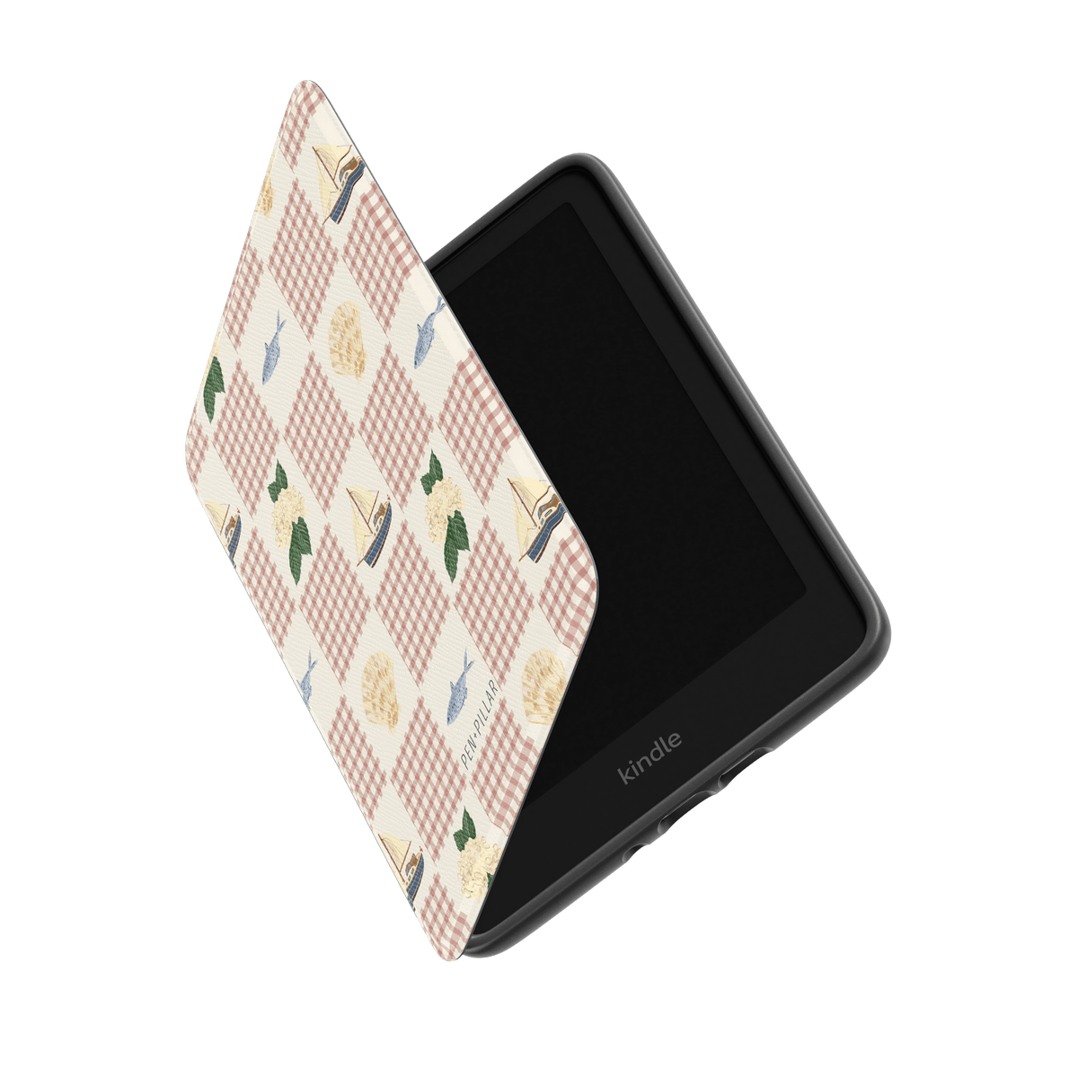 Coastal Kindle case with a checkered pattern featuring boats, flowers, and books in pastel colors.
