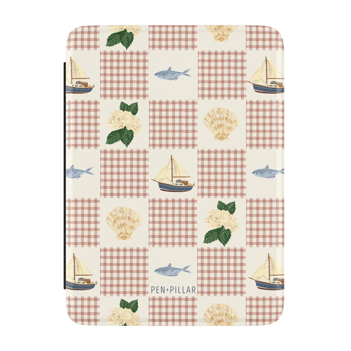 Coastal Kindle case featuring a patchwork design with boats, fish, shells, and floral patterns on a cream background.